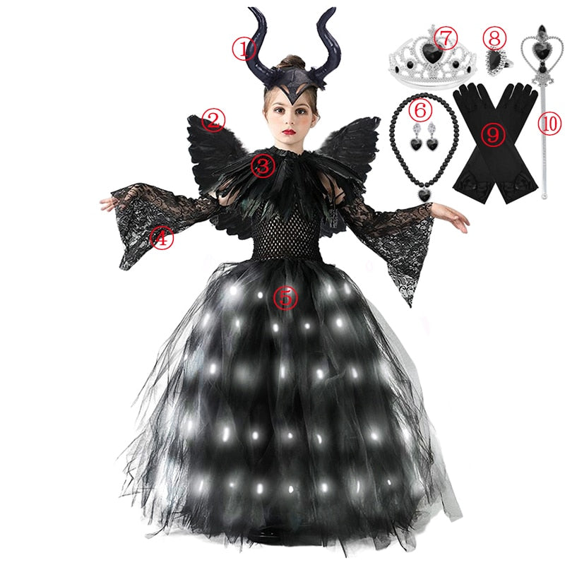 Disney Halloween Costume for Kids LED Light up Maleficent Tutu Dress For Girls Cosplay Evil Queen Black Mesh Princess Dress