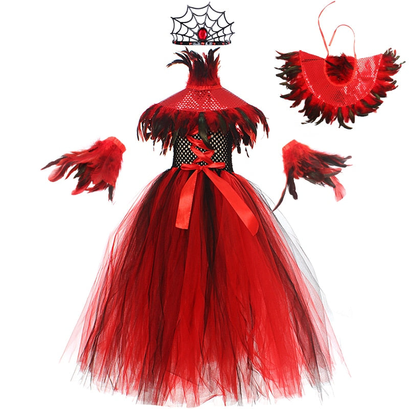 Children Halloween Cosplay Queen of Hearts Maleficent Gothic Demon Vampire Spider Witch Dress for Girls Party Masquerade Costume