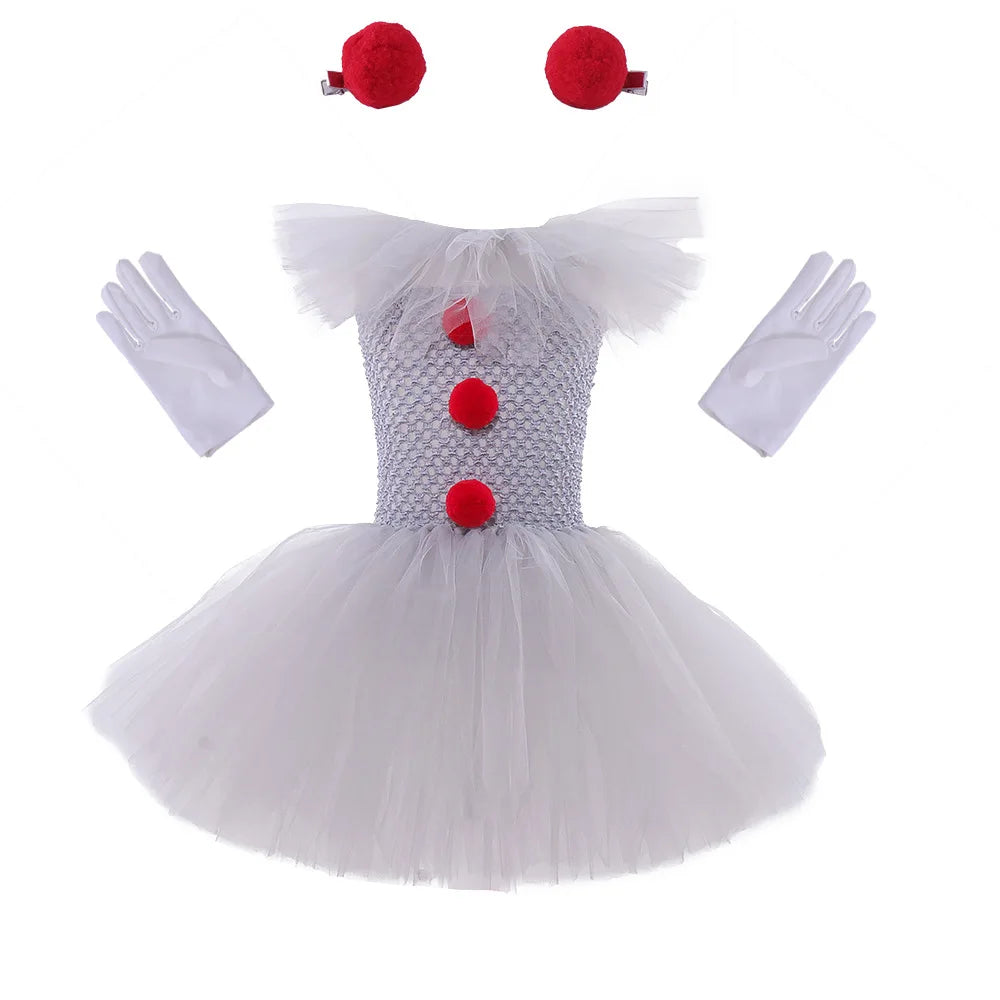 Halloween Gray Joker Cosplay Dress Girls Costume Tutu Dress Creepy Clown Children Tulle Fancy Dress Kids Carnival Party Clothing