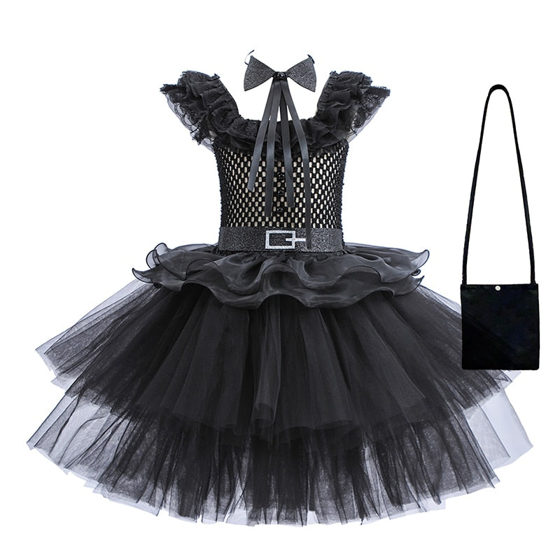 Wednesday Cosplay Princess Dress For Girls Costume 2023 Halloween Tie Tulle TuTu Dresses Black Gothic Kids Evening Party Clothes