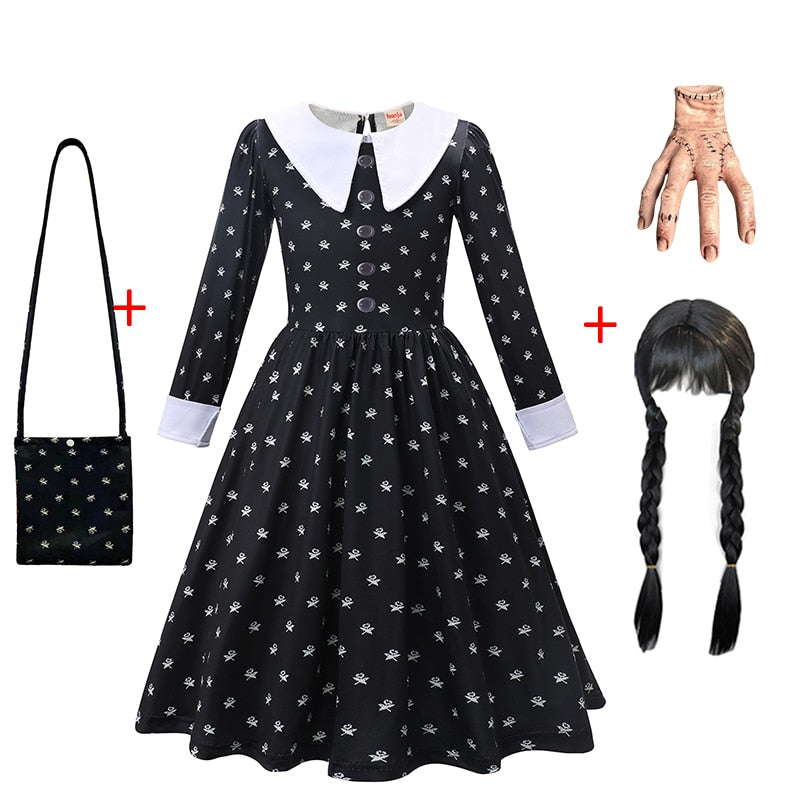 Character Wednesday Addams Girls Dresses Kids Cosplay Black Mesh Gothic Costumes Children Halloween Carnival Party Clothes 3-14T