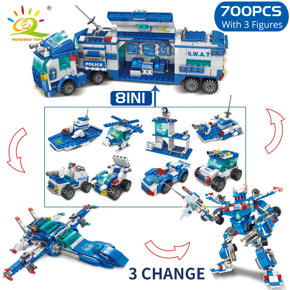 HUIQIBAO 700PCS 8in1 City Police Command Trucks Building Blocks Policeman Robot Car Helicopter Model Bricks Toys for Children