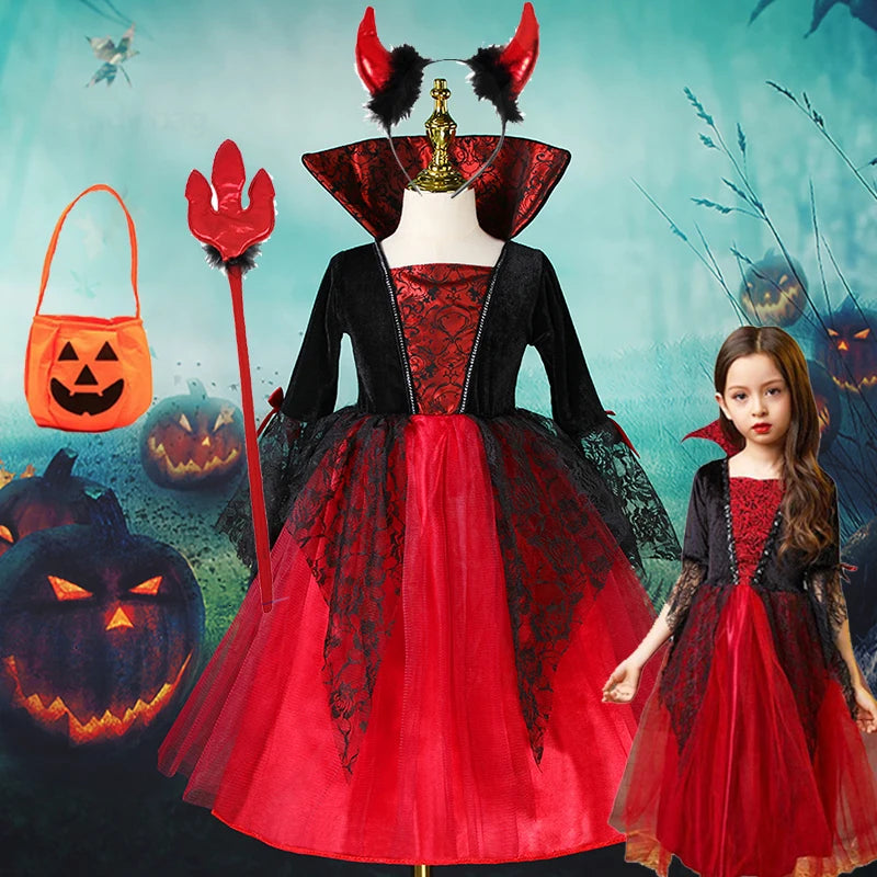 Halloween Vampire Dress for Girls Kids Cosplay Vampire Costume Party Dress Childrens Magic Witch Costume Tutu Witch Fancy Dress