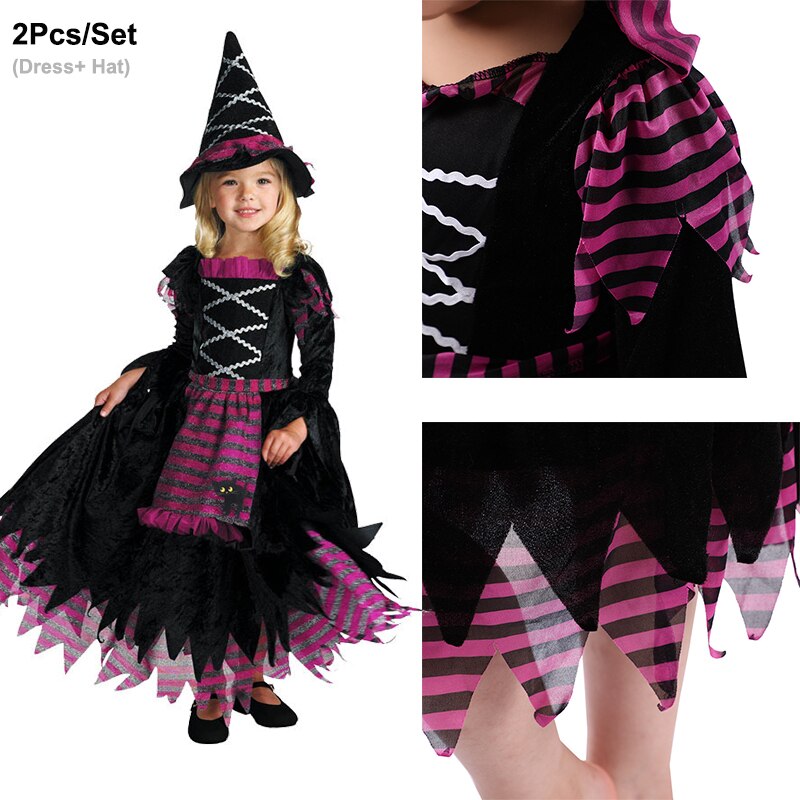 Halloween Masquerade Party Girls Purple Orange Green Witch Costume Hat Broom Props Child Carnival Stage Drama Performance Dress