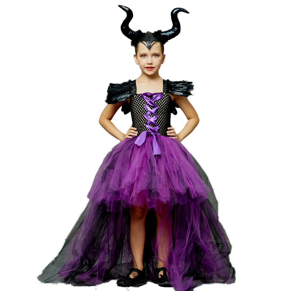 Girls Evil Witch Dresses 2024 Halloween Costume Cosplay Dress Childrens Fancy Christening Black Gown New Tutu Queen Witch Outfit