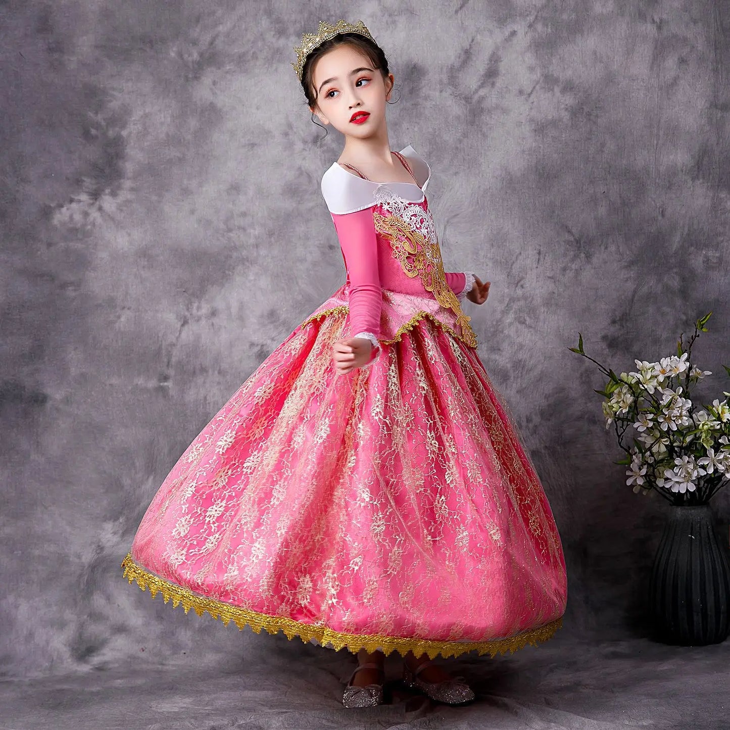 Aurora Cosplay Costume Sleeping Beauty Girl Princess Dress Child Birthday Theme Party Long Sleeve Off Shoulder Elegant Ball Gown