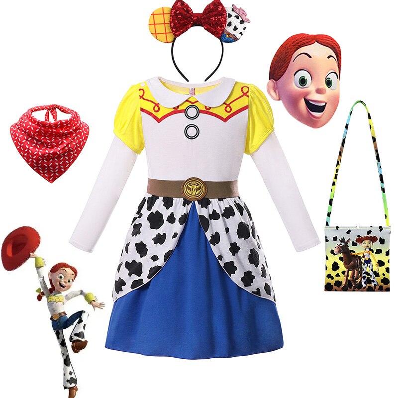 Disney Toy Story 4 Jessie Cosplay Carnival Princess Dress Long  Sleeves Girls Costume With Headband For Halloween Birthday Party