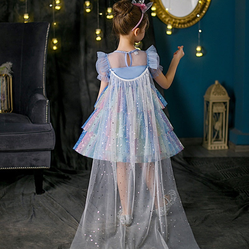 Halloween Fancy Girls Rainbow Shiny Tulle Unicorn Dress + Long Cloak