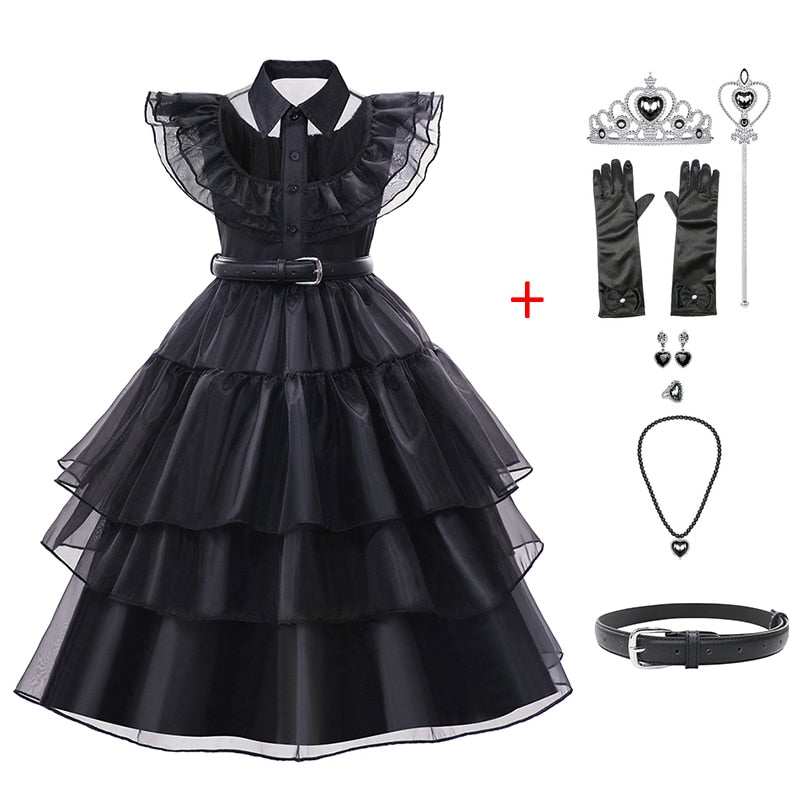 Character Wednesday Addams Girls Dresses Kids Cosplay Black Mesh Gothic Costumes Children Halloween Carnival Party Clothes 3-14T