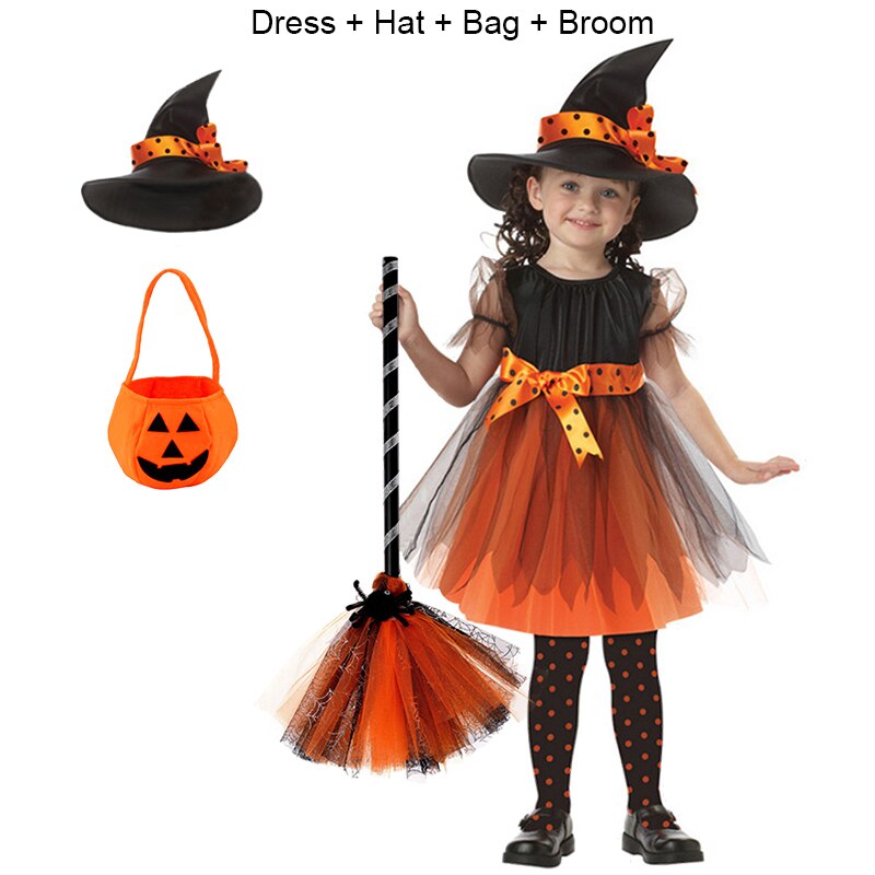 Children Girls Halloween Cosplay Witch Costume Teens Baby Girl Gown Infant Witch Dress Clothing Set Hat Pumpkin Bag