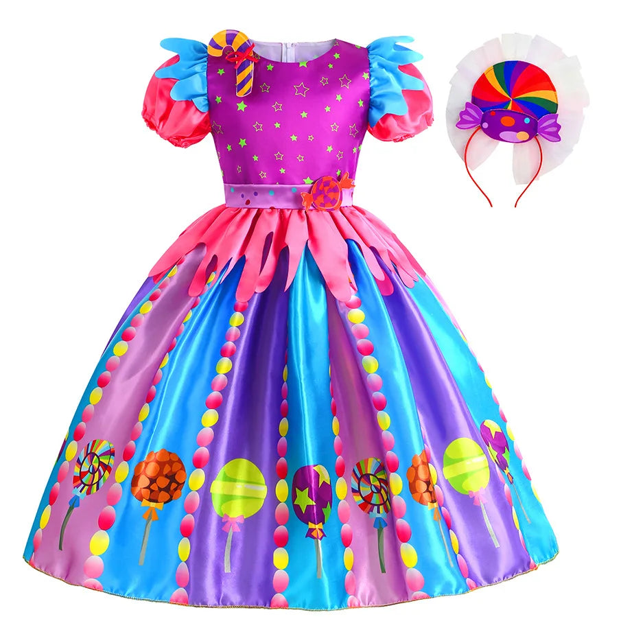 2024 Purim Girls Puff Sleeve Candy Costume Kids Sweet Lollipop Print Princess Dresses Lollipop Wand Birthday Fancy Party Clothes