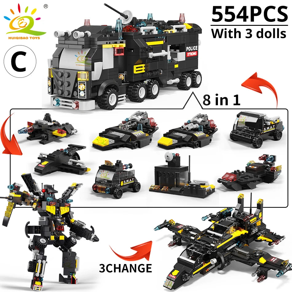 HUIQIBAO SWAT Police Station Truck Model Building Blocks City Machine Helicopter Car Figures Bricks Educational Toy For Children