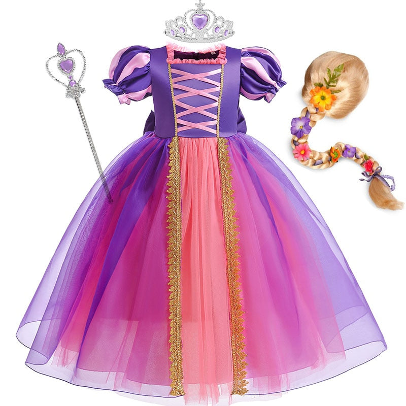 Disney Girls Cosplay Tangled Rapunzel Princess Dresses Kids Costume Fancy Purple Luxury Mesh Clothes Birthday Party Ball Gown