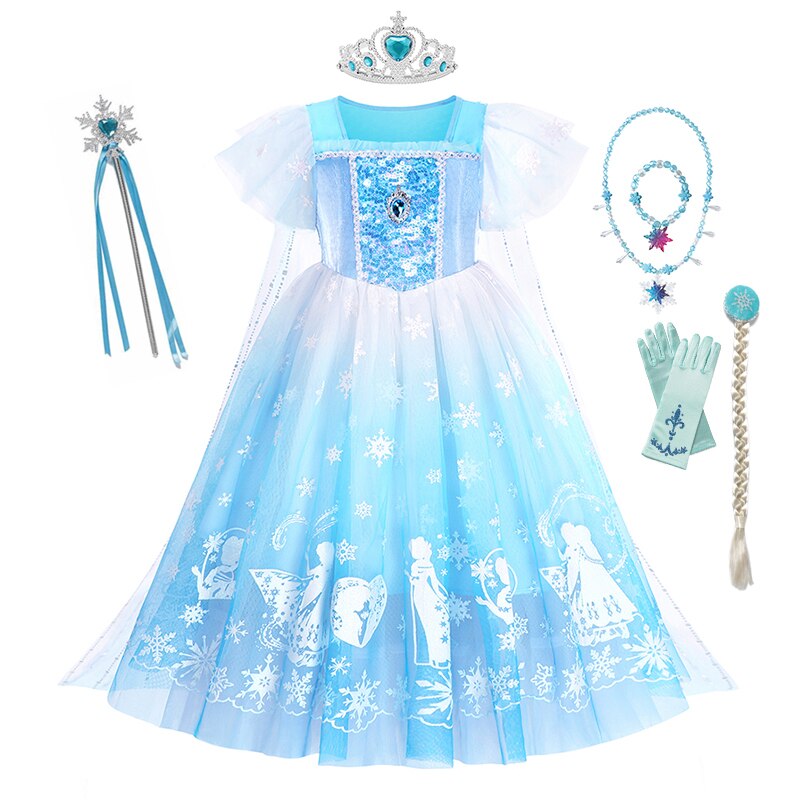 Disney Girls Sequins Mesh Fancy Clothing Frozen Princess Elsa Dress with Cloak Kids Party Snow Queen Cosplay Costume for 2-10Y