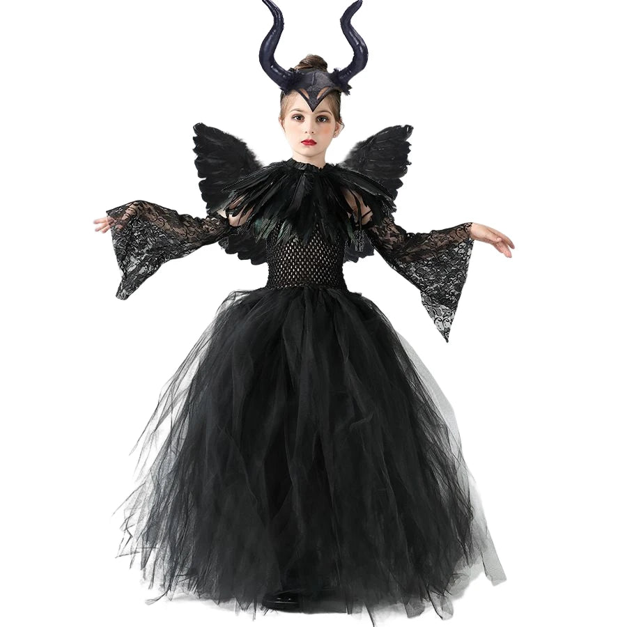 Girls Halloween Cosplay Costume Maleficent Tutu Wednesday Dresses For Girls Cosplay Evil Queen Black Mesh Princess Dress Vestido