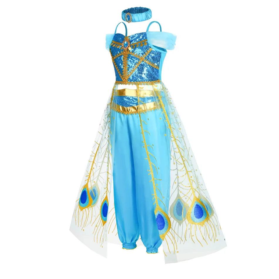 Girl Jasmine Cosplay Costume Kids Birthday Party Fancy Princess Sets Halloween Carnival Dress Up Clothes Stage Performace Outfit