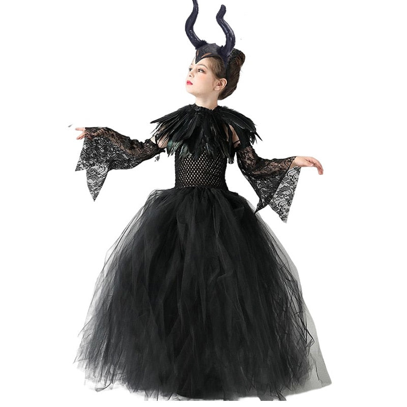 Disney Halloween Costume for Kids LED Light up Maleficent Tutu Dress For Girls Cosplay Evil Queen Black Mesh Princess Dress