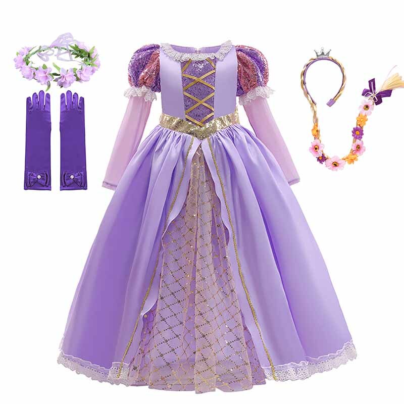 Disney Girls Cosplay Tangled Rapunzel Princess Dresses Kids Costume Fancy Purple Luxury Mesh Clothes Birthday Party Ball Gown