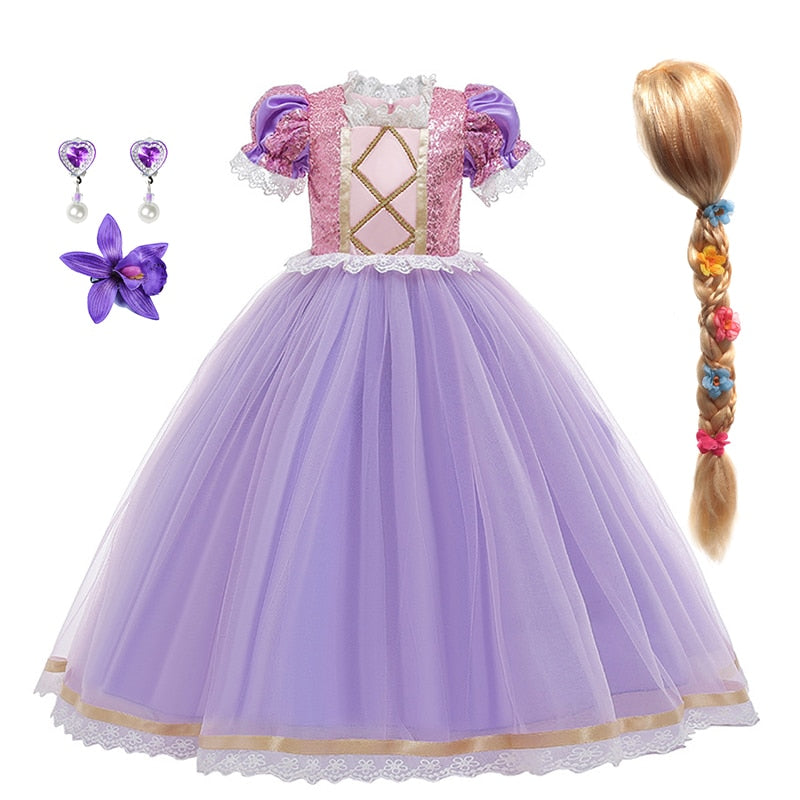 Disney Girls Cosplay Tangled Rapunzel Princess Dresses Kids Costume Fancy Purple Luxury Mesh Clothes Birthday Party Ball Gown