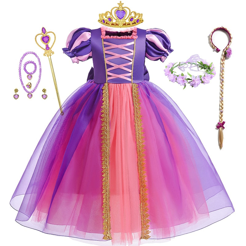 Disney Girls Cosplay Tangled Rapunzel Princess Dresses Kids Costume Fancy Purple Luxury Mesh Clothes Birthday Party Ball Gown