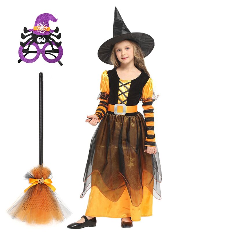 Girls Halloween Cosplay Witch Dress+Hat+belt Clothing Set