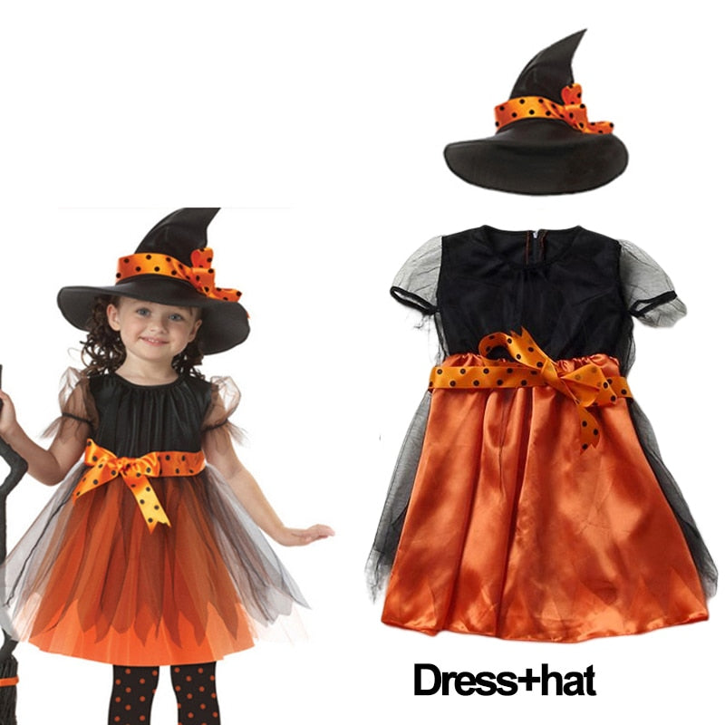 2023 Halloween Costume for Kids Girls Pumpkin Witch Vampire Cosplay Fancy Dress Children Carnival Party Cape Dresses Set 1-12Yrs