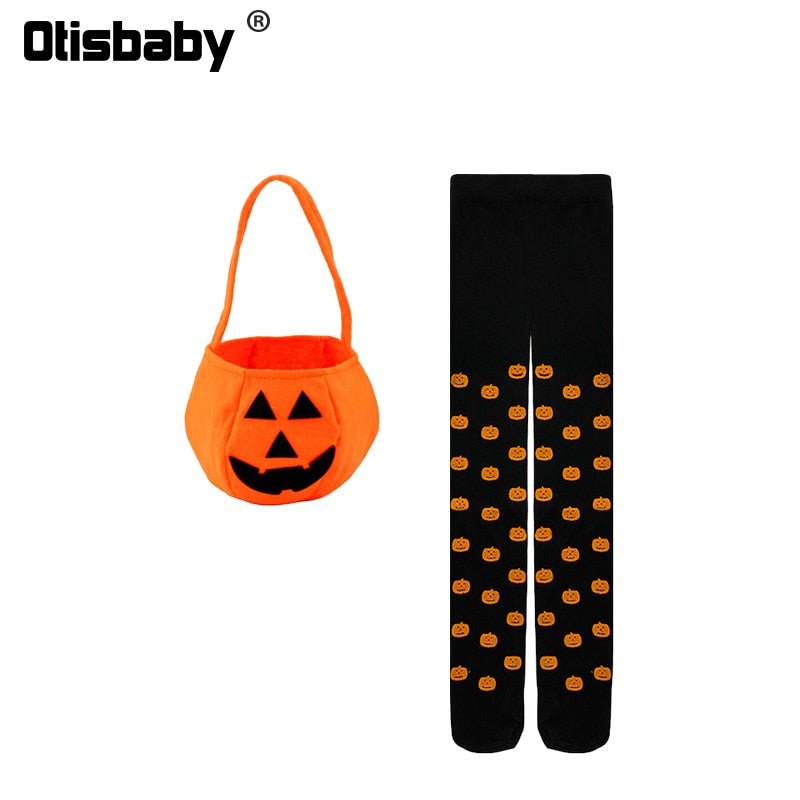 Children Girls Halloween Cosplay Witch Costume Teens Baby Girl Gown Infant Witch Dress Clothing Set Hat Pumpkin Bag