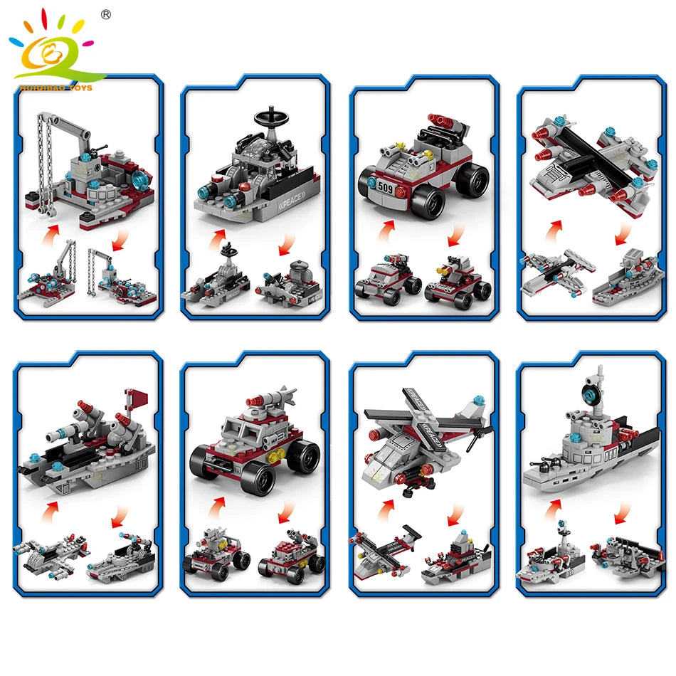 HUIQIBAO Military Ship 554pcs 8in1 Aircraft Cruiser Building Blocks Army Warship Plane Truck Bricks City Children Toys for Boy