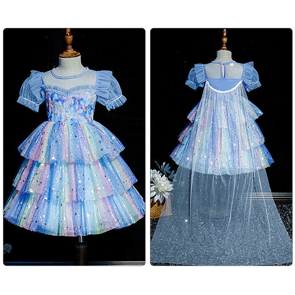 Halloween Fancy Girls Rainbow Shiny Tulle Unicorn Dress + Long Cloak