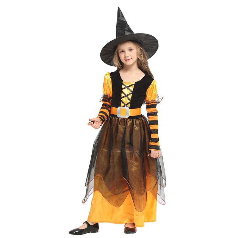 Girls Halloween Cosplay Witch Dress+Hat+belt Clothing Set