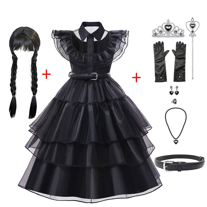 Character Wednesday Addams Girls Dresses Kids Cosplay Black Mesh Gothic Costumes Children Halloween Carnival Party Clothes 3-14T