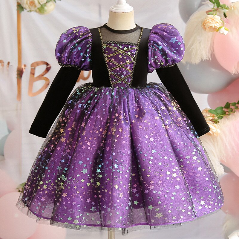 Luxury Winter Halloween Girls Purple Witch Costume Dresses with Props