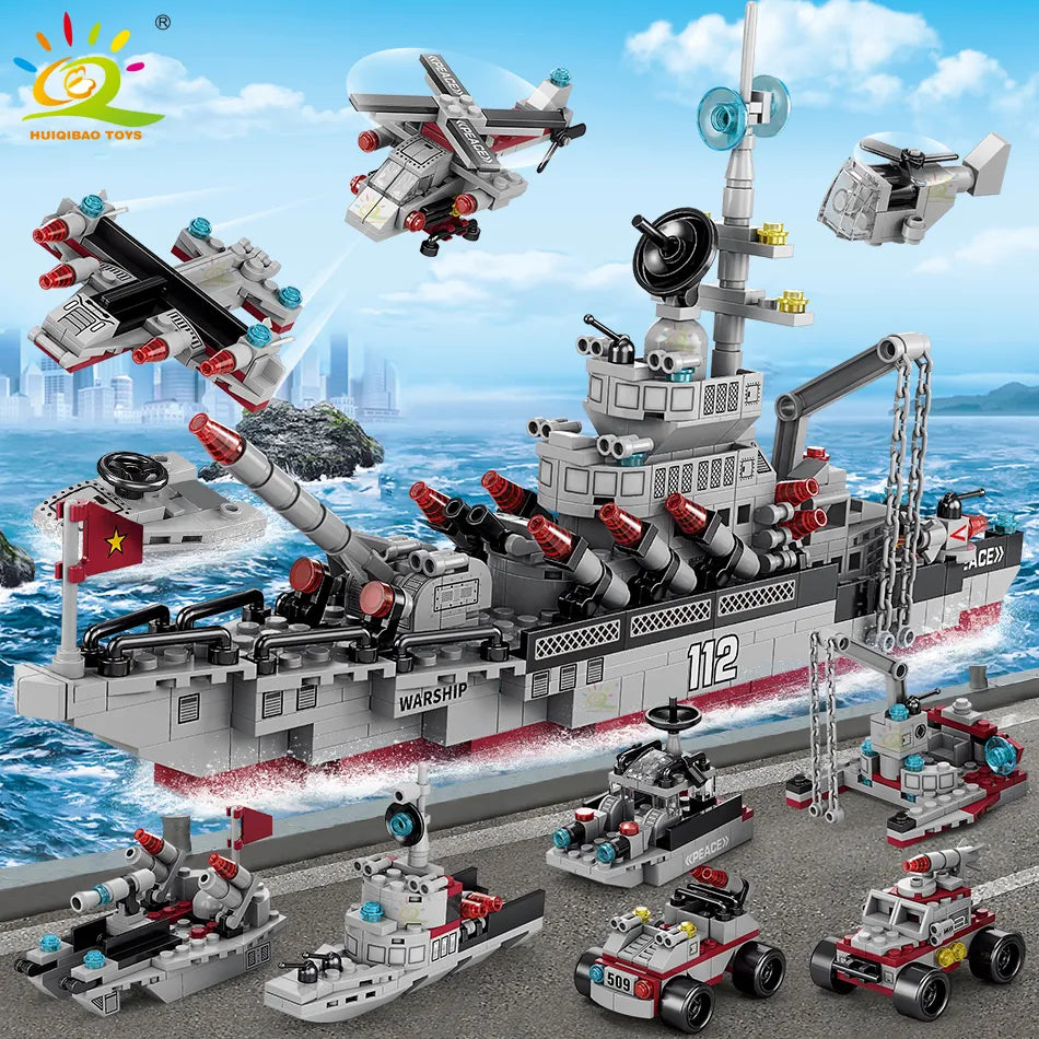 HUIQIBAO Military Ship 554pcs 8in1 Aircraft Cruiser Building Blocks Army Warship Plane Truck Bricks City Children Toys for Boy