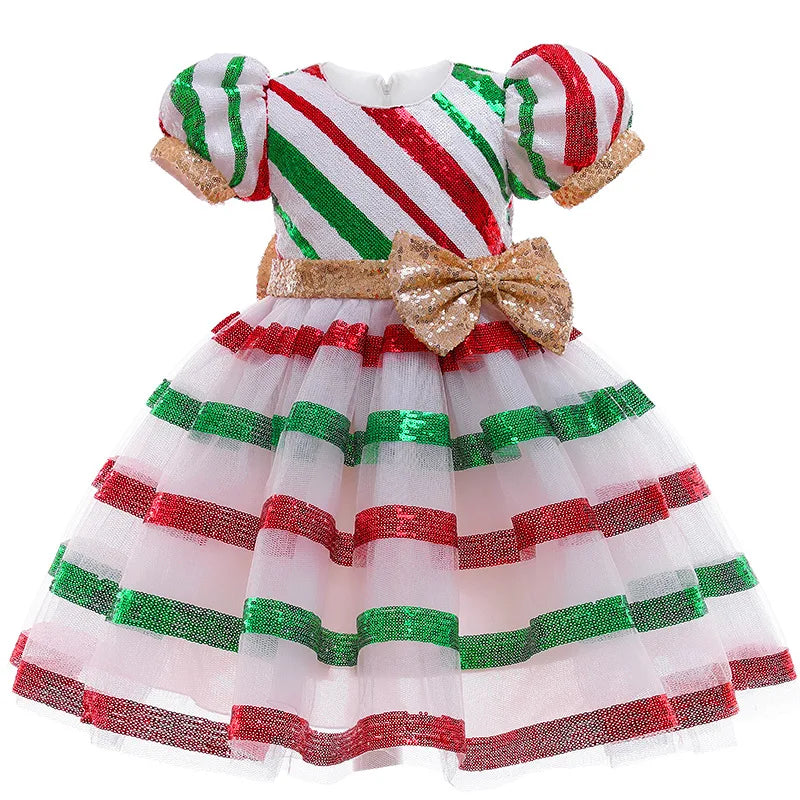 2023 Christmas Dress for Girls Rainbow Striped Sequin Children Gala Clothes Cheap Kids Xmas Baby Princess Party Girl Dresses