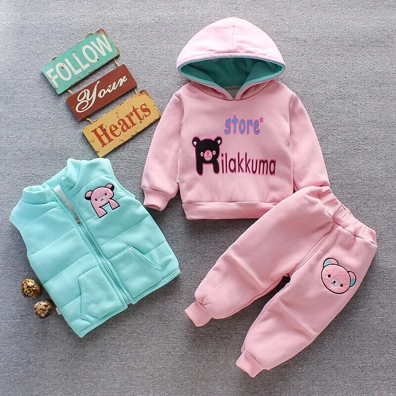 Children Christmas Clothing Set Autumn Cartoon Bear Jacket Vest Pants Thick Fleece 3Pcs Cotton Sport Suit For Girls Warm Outfits