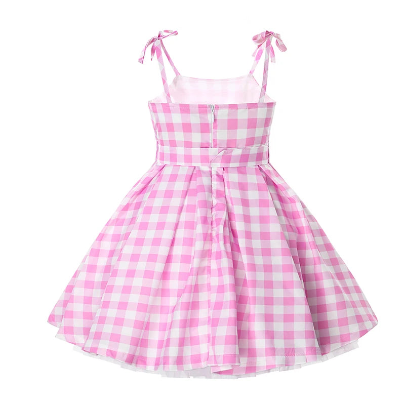 2024 Barbie Cosplay Costume for Girls Movie Margot Robbie Pink Dress for kids Pink Sleeveless Plaid Dress Girls Birthday Dress