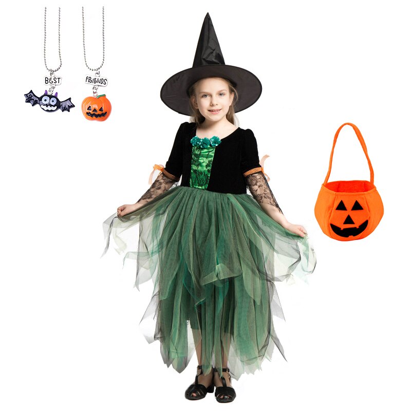 Halloween Masquerade Party Girls Purple Orange Green Witch Costume Hat Broom Props Child Carnival Stage Drama Performance Dress