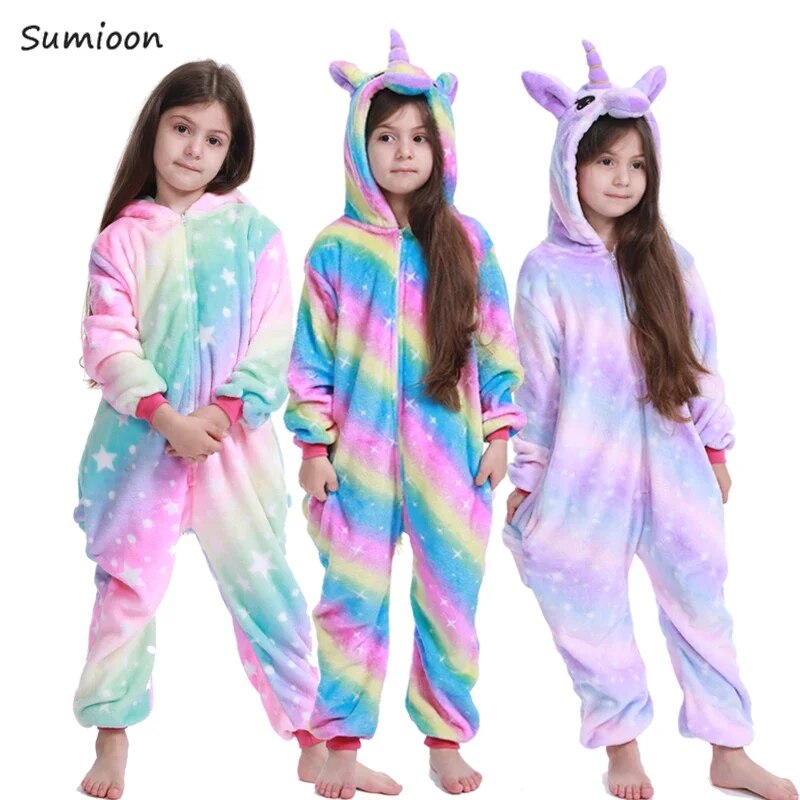 Kids Pajamas Girls Boys Sleepwear Baby Jumpsuit Night Clothes Animal Cartoon Lion Flannel Unicorn Children's Pyjamas For 6 8 10T