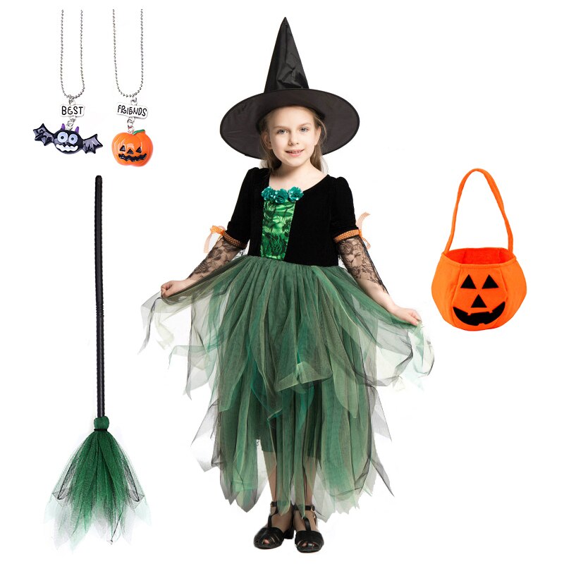 Halloween Masquerade Party Girls Purple Orange Green Witch Costume Hat Broom Props Child Carnival Stage Drama Performance Dress