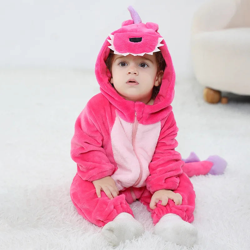 Kigurumis Lovely Dinosaur Baby Girls Clothes Romper Soft Warm Winter Infant Onesie Bodysuit Cosplay Costume Hooded Zipper