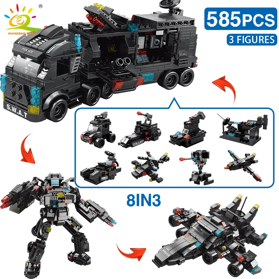 HUIQIBAO 454-585PCS 8in1 SWAT Police Command Truck Building Blocks City Helicopter Bricks Kit Educational Toys for Children