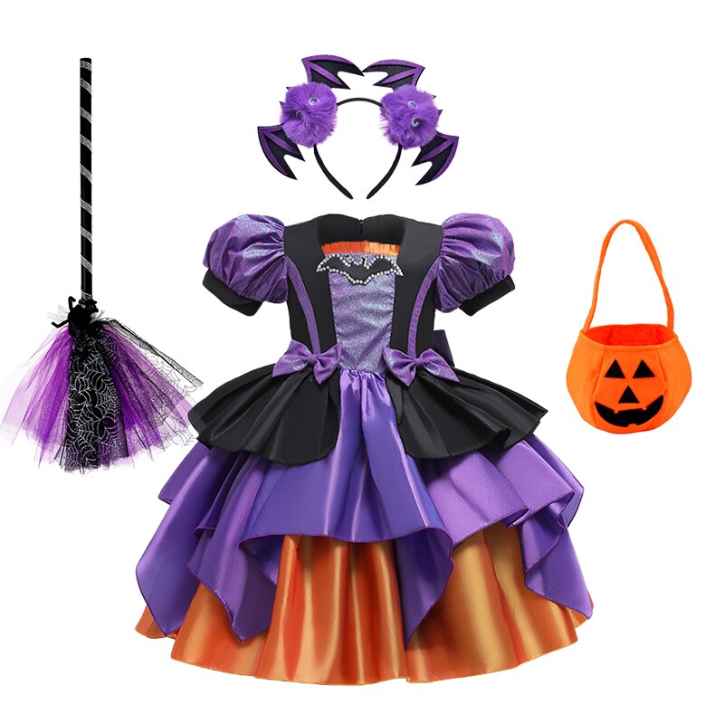 Halloween Disguised Baby Girl Pumpkin Print Witch Tiered Cocktail Dresses with Train Child Coplay Vampire Masquerade Tail Dress