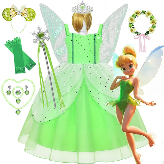 Girl Disney Tinker Bell Green Princess Cosplay Dress Kids Halloween Party Elegant GownTinkerbell Floor Length Frocks With Wings