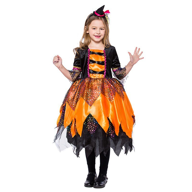 Halloween Masquerade Party Girls Purple Orange Green Witch Costume Hat Broom Props Child Carnival Stage Drama Performance Dress