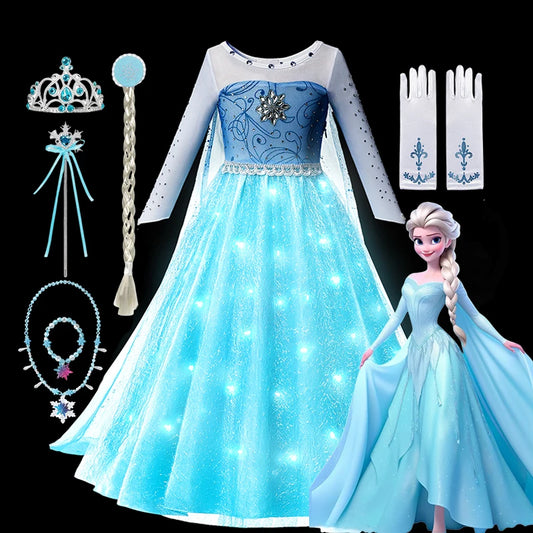 LED Disney Girls Cosplay Elsa Princess Dresses Children Halloween Carnival Party Dress Robe Vestidos Frozen Snow Queen Costumes