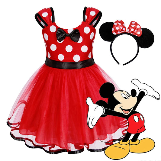 1-5Y Cute Mickey Mouse Donald Duck Cartoon Dress for Girls Red Casual Polka Dots Dresses Kid Fashion Loose Summer Vestidos Robe