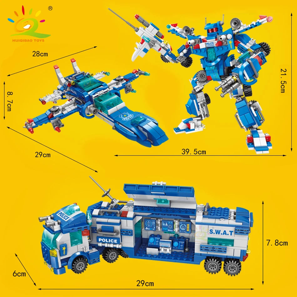 HUIQIBAO 700PCS 8in1 City Police Command Trucks Building Blocks Policeman Robot Car Helicopter Model Bricks Toys for Children