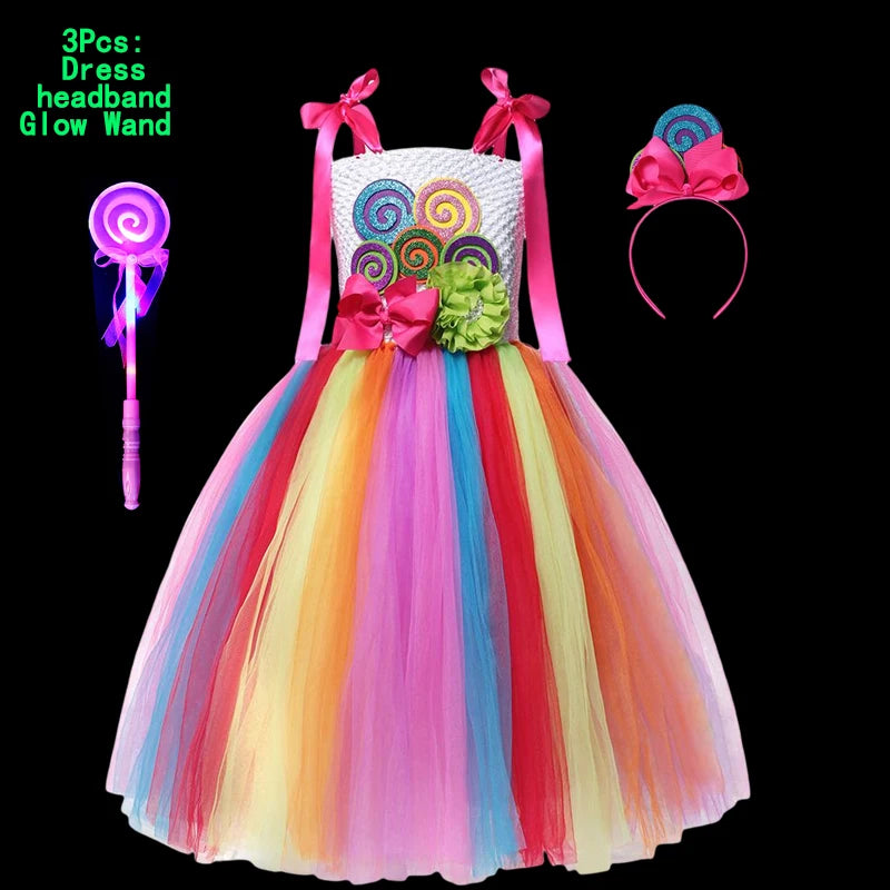 Purim 2024 Kid Disguise LED Candy Dress Lollipop for Girls Cosplay Costume Fancy Children Mesh Pink Dresses Birthday Party Gift