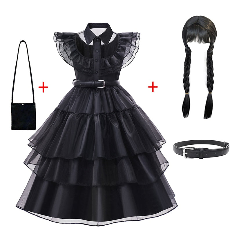 Character Wednesday Addams Girls Dresses Kids Cosplay Black Mesh Gothic Costumes Children Halloween Carnival Party Clothes 3-14T