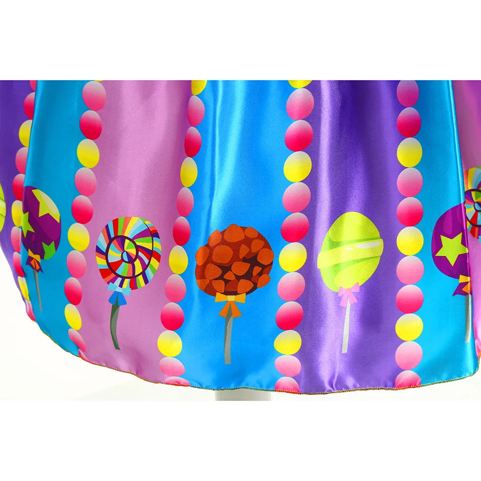 2024 Purim Girls Puff Sleeve Candy Costume Kids Sweet Lollipop Print Princess Dresses Lollipop Wand Birthday Fancy Party Clothes